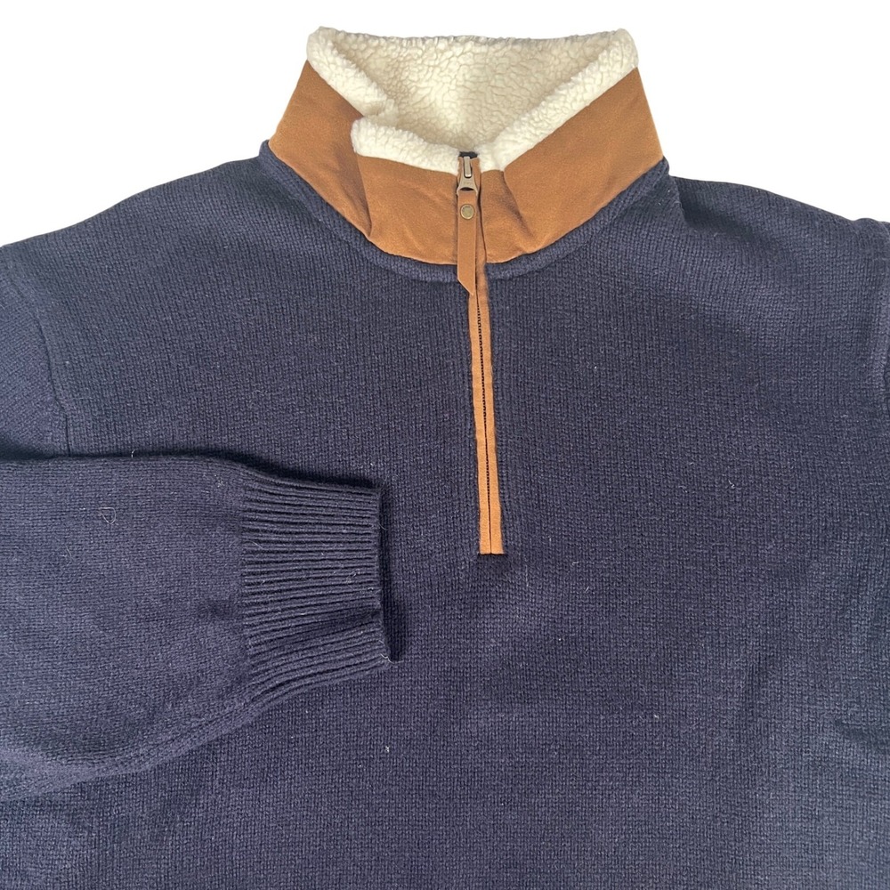 Orvis Mens 100% Lambswool Stowe 1/4 Zip Sweater Navy Blue Sherpa Lined Neck L